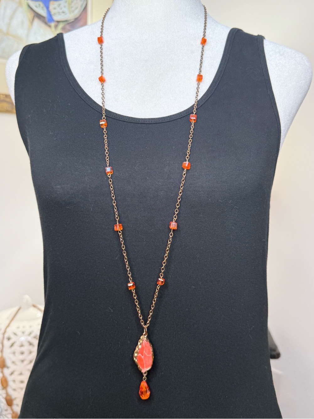 Boho Orange Crystal Marbled Stone Pendant Necklace Bronze Tone Long 37”